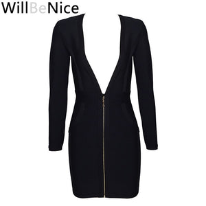WillBeNice Black 2019 Fashion Women's Sexy Deep V Neck Autumn Long Sleeve Winter Bandage Dresses Bodycon Celebrity Party Dress