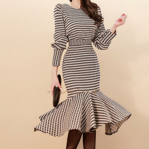 2019 New Spring Women&#39;s Sheath High Waist O-Neck Striped Lantern Sleeve Dress Fashion Elegant Slim Office Lady Dresses D93508X