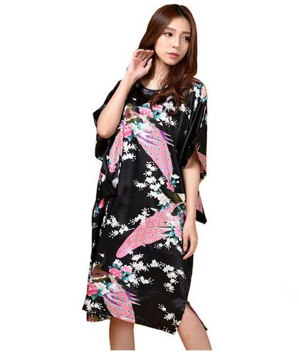 Novelty Print Black Female Satin Robe Dress Nightgown Novelty Women&#39;s Kaftan Bath Gown Summer Lounge Homewear Plus Size 6XL