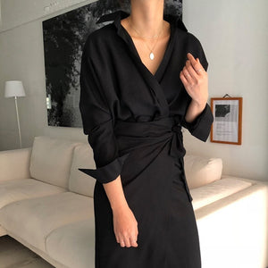 TWOTWINSTYLE Autumn Women's Dresses Long Sleeve Bandage V Neck High Waist Midi Shirt Dress Female Elegant Fashion Korean 2019