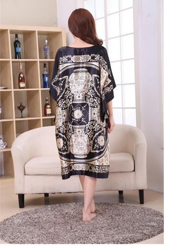 Novelty Print Black Female Satin Robe Dress Nightgown Novelty Women&#39;s Kaftan Bath Gown Summer Lounge Homewear Plus Size 6XL