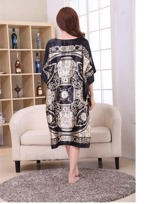 Novelty Print Black Female Satin Robe Dress Nightgown Novelty Women&#39;s Kaftan Bath Gown Summer Lounge Homewear Plus Size 6XL