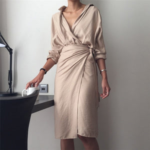 TWOTWINSTYLE Autumn Women's Dresses Long Sleeve Bandage V Neck High Waist Midi Shirt Dress Female Elegant Fashion Korean 2019