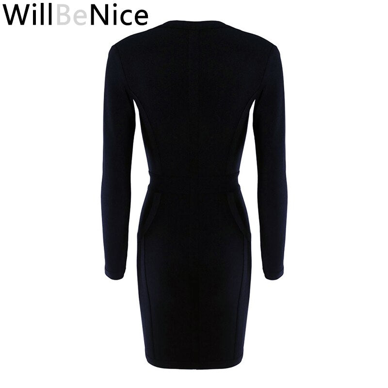 WillBeNice Black 2019 Fashion Women's Sexy Deep V Neck Autumn Long Sleeve Winter Bandage Dresses Bodycon Celebrity Party Dress