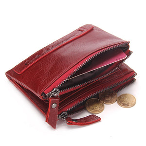 Fashion Genuine Leather Women Wallet Bi-fold Wallets Red ID Card Holder Coin Purse With Double Zipper Small Women&#39;s Purse 2022