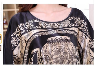 Novelty Print Black Female Satin Robe Dress Nightgown Novelty Women&#39;s Kaftan Bath Gown Summer Lounge Homewear Plus Size 6XL