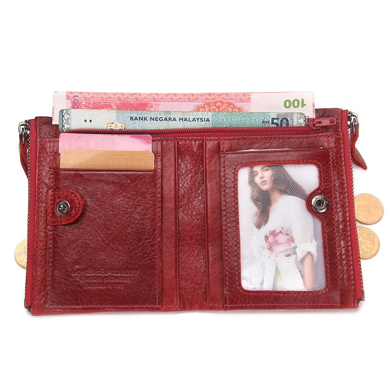 Fashion Genuine Leather Women Wallet Bi-fold Wallets Red ID Card Holder Coin Purse With Double Zipper Small Women&#39;s Purse 2022