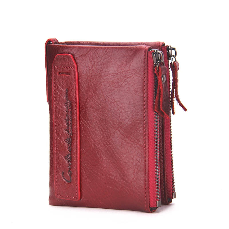 Fashion Genuine Leather Women Wallet Bi-fold Wallets Red ID Card Holder Coin Purse With Double Zipper Small Women&#39;s Purse 2022