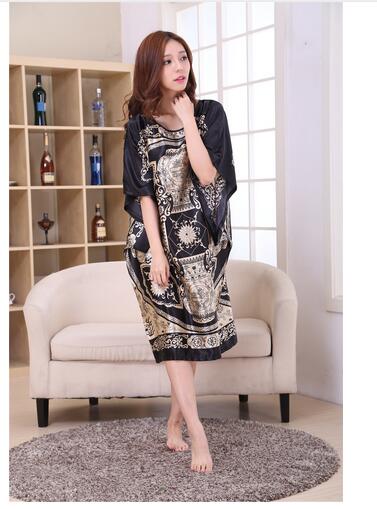 Novelty Print Black Female Satin Robe Dress Nightgown Novelty Women&#39;s Kaftan Bath Gown Summer Lounge Homewear Plus Size 6XL