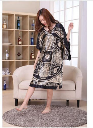 Novelty Print Black Female Satin Robe Dress Nightgown Novelty Women&#39;s Kaftan Bath Gown Summer Lounge Homewear Plus Size 6XL