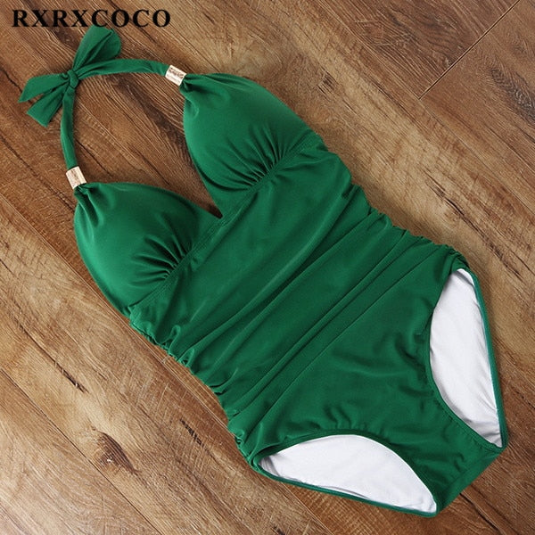 RXRXCOCO Women&#39;s Swimsuit One Piece Push Up Swimwear Women Neck Hanging Backless Sexy Bathing Suit Black Blue Beachwear Swimsuit