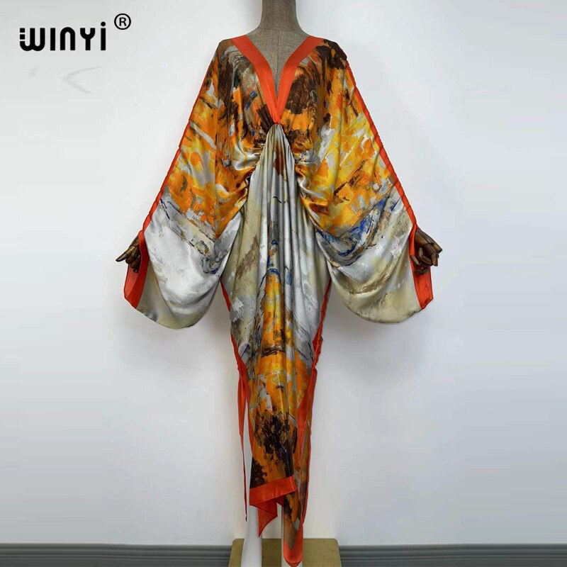 Sexy bech high-quality hand-rolled feel silk rayon fashion print 2021 WINYI Maxi women&#39;s robes long beach V-neck Bohemian dress