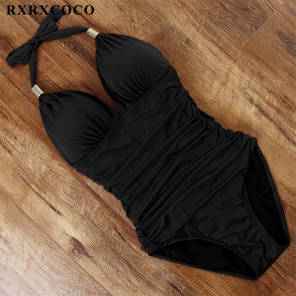 RXRXCOCO Women&#39;s Swimsuit One Piece Push Up Swimwear Women Neck Hanging Backless Sexy Bathing Suit Black Blue Beachwear Swimsuit