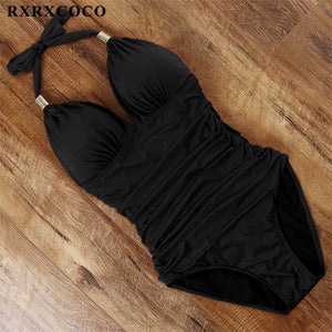 RXRXCOCO Women&#39;s Swimsuit One Piece Push Up Swimwear Women Neck Hanging Backless Sexy Bathing Suit Black Blue Beachwear Swimsuit