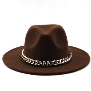 Simole fedora hüte frauen männer breite krempe Dicken gold kette band gefilzt hüte jazz kappe winter herbst panama kamel weiß frauen hüte