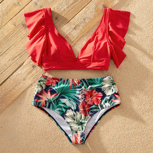 PatPat New Summer Ruffle-Sleeve Floral Print Matching Swimsuits Family Look Children&#39;s Clothing Swimwear Women&#39;s Swimsuit