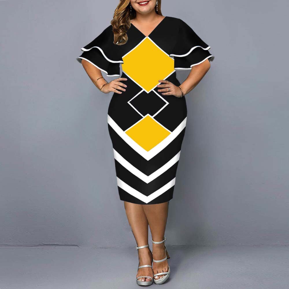 Plus Size Women Clothing Casual V Neck Geometric Printed Layered Bell Sleeve Women's  A Line Dresses Holiday 3x-4x Aesthetic