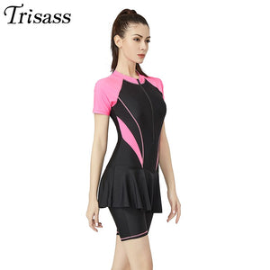 Trisass 2020 New Women&#39;s One Piece Skirt Swimwear Plus Size Sport Bodysuit Short Sleeve Pants Surf Suit With Zipper Swimsuit