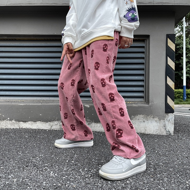 2021 Preppy Style Skull Full Print Drawstring Casual Corduroy Men Baggy Pants Hip Hop Straight Sweatpants Male Loose Trousers