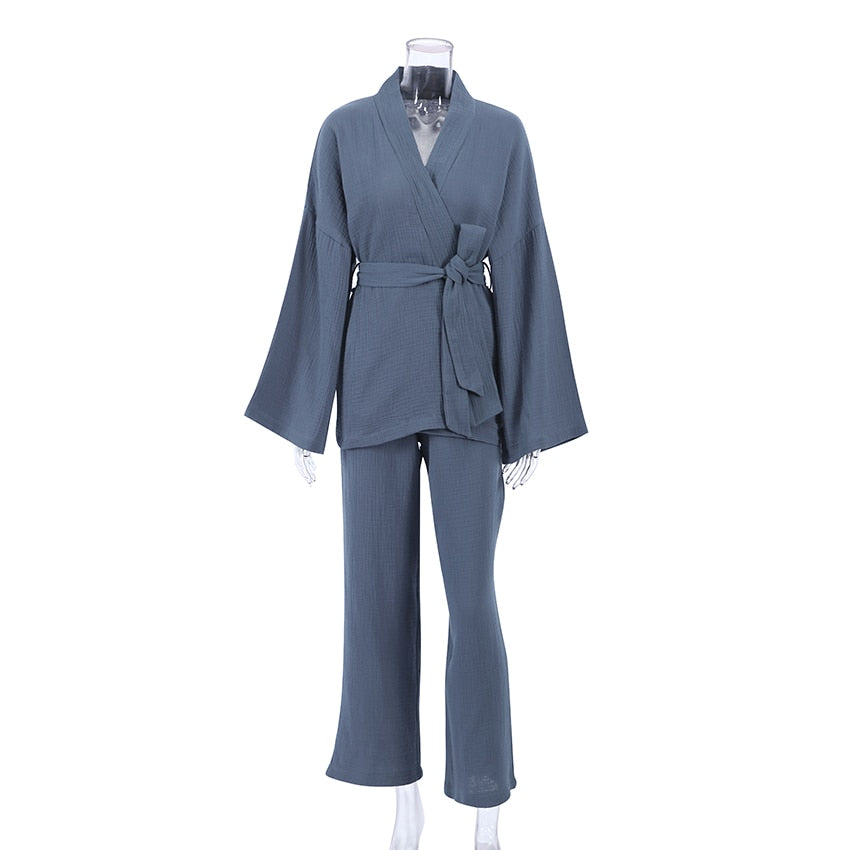 100% Cotton Women&#39;s Nightgown Robe Pajama Sets Flare Nightgown Trouser Suits Drop Sleeves Set Woman 2 Pieces Bathrobe For Women