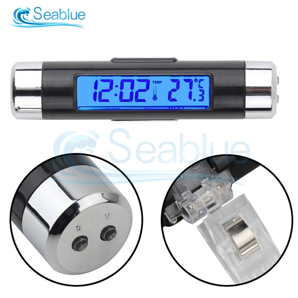 2 in 1 Car Auto Thermometer Clock Calendar LCD Digital Display Screen Clip-on Digital Blue Back Light Automotive Accessories