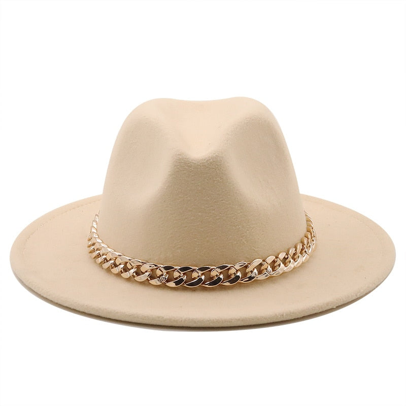 Simole fedora hüte frauen männer breite krempe Dicken gold kette band gefilzt hüte jazz kappe winter herbst panama kamel weiß frauen hüte