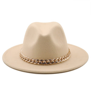 Simole fedora hüte frauen männer breite krempe Dicken gold kette band gefilzt hüte jazz kappe winter herbst panama kamel weiß frauen hüte