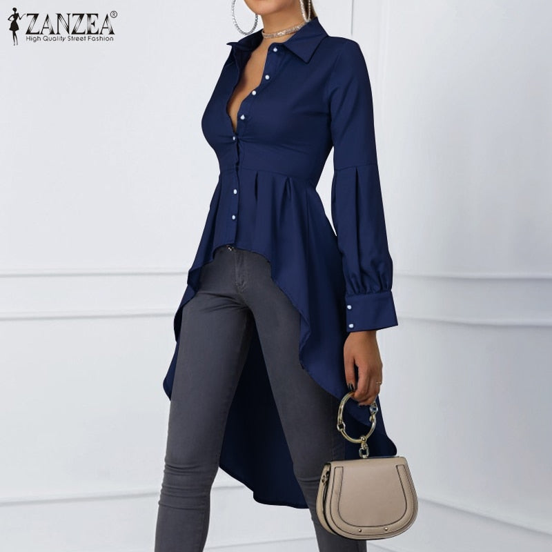 Fashion Asymmetrical Tops Women's Spring Shirts ZANZEA 2023 Casual Lantern Sleeve Shirt Female Button Lapel Blusas