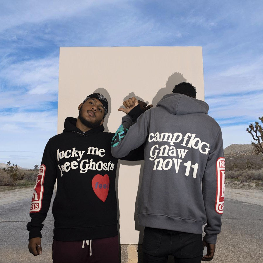 2021 Harajuku Weirdo Graffiti Letter Printed Hoodies Men Lucky Me I See Ghosts Mens Hooded Sweatshirt Fleece Pullover Streetwear