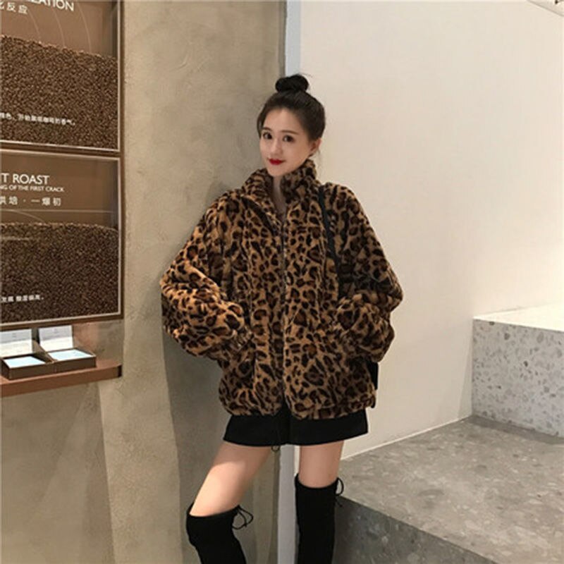 Winter Leopard Print Jacket Women&#39;s Stand collar Warm Parkas Outwear 2023 New Autumn Winter Korean Female Loose Faux Fur Coats