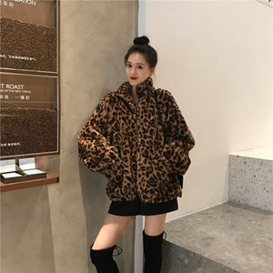 Winter Leopard Print Jacket Women&#39;s Stand collar Warm Parkas Outwear 2023 New Autumn Winter Korean Female Loose Faux Fur Coats