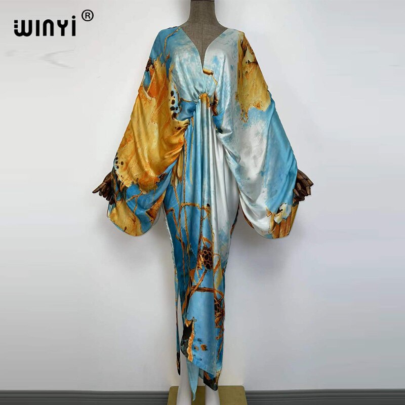Sexy bech high-quality hand-rolled feel silk rayon fashion print 2021 WINYI Maxi women&#39;s robes long beach V-neck Bohemian dress