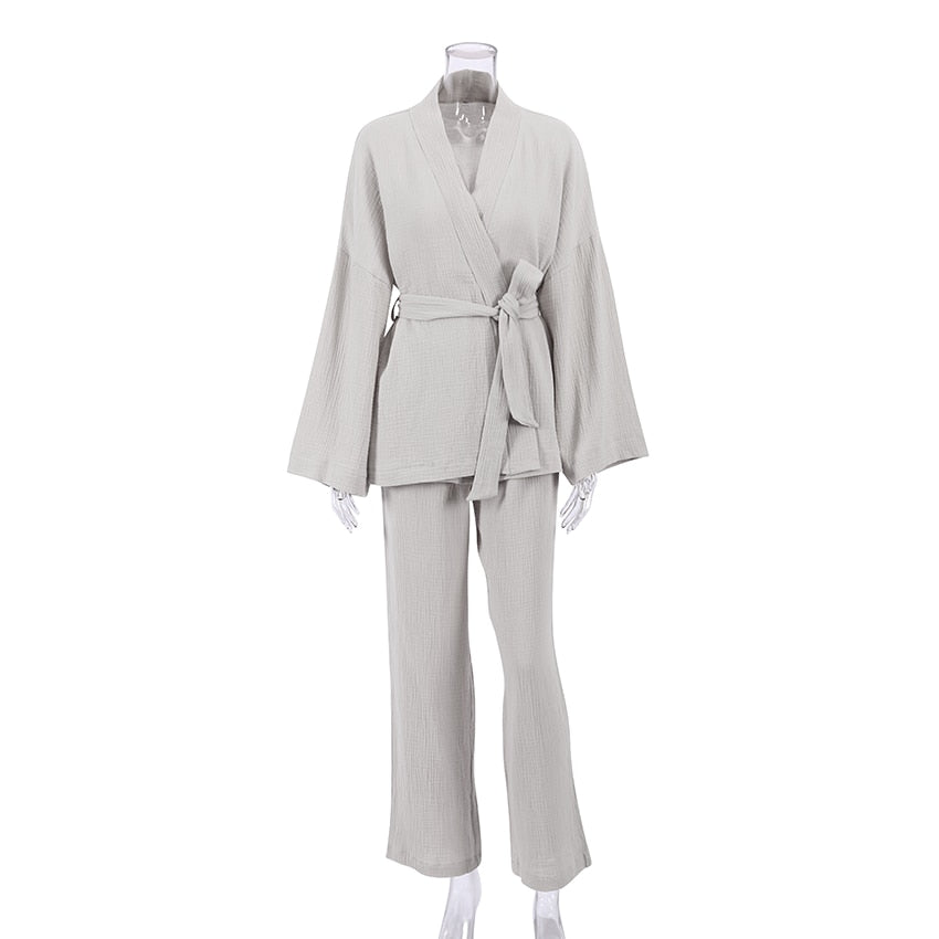 100% Cotton Women&#39;s Nightgown Robe Pajama Sets Flare Nightgown Trouser Suits Drop Sleeves Set Woman 2 Pieces Bathrobe For Women