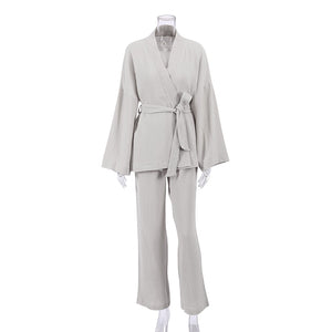 100% Cotton Women&#39;s Nightgown Robe Pajama Sets Flare Nightgown Trouser Suits Drop Sleeves Set Woman 2 Pieces Bathrobe For Women