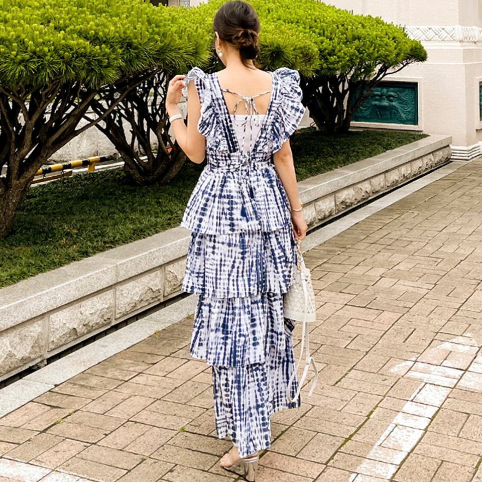 Leisurely Vacation Bohemia Dress 2022 Summer Sexy V-Neck Sleeveless Decoration Ruffled Cascading Loose Hem Women&#39;s Dresses
