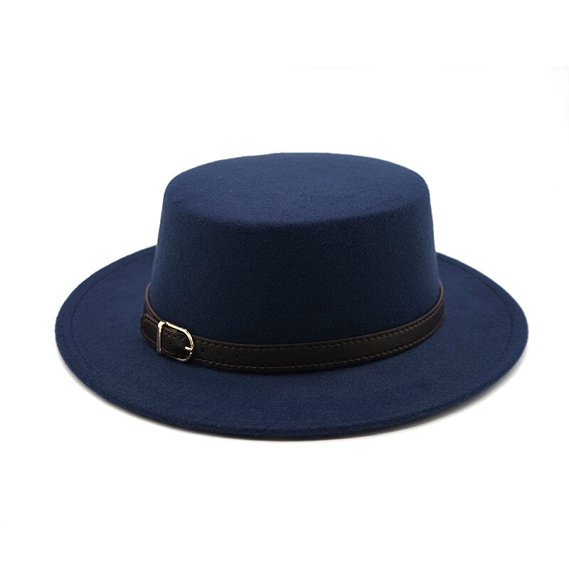 New Retro Winter Autumn women men Top hat Imitation Woolen Felt Fedora Hats Belt buckle Decorated ladies Boater Hat flat brim