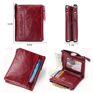 Fashion Genuine Leather Women Wallet Bi-fold Wallets Red ID Card Holder Coin Purse With Double Zipper Small Women&#39;s Purse 2022