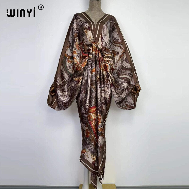 Sexy bech high-quality hand-rolled feel silk rayon fashion print 2021 WINYI Maxi women&#39;s robes long beach V-neck Bohemian dress