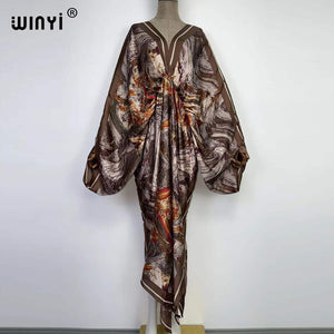 Sexy bech high-quality hand-rolled feel silk rayon fashion print 2021 WINYI Maxi women&#39;s robes long beach V-neck Bohemian dress