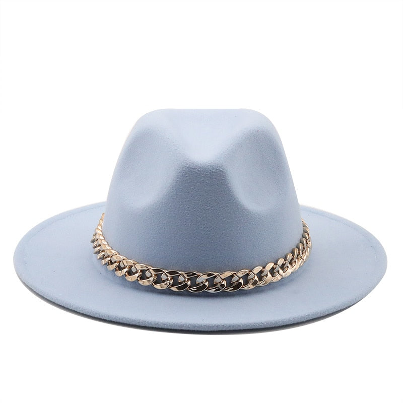Simole fedora hüte frauen männer breite krempe Dicken gold kette band gefilzt hüte jazz kappe winter herbst panama kamel weiß frauen hüte