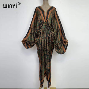 Sexy bech high-quality hand-rolled feel silk rayon fashion print 2021 WINYI Maxi women&#39;s robes long beach V-neck Bohemian dress