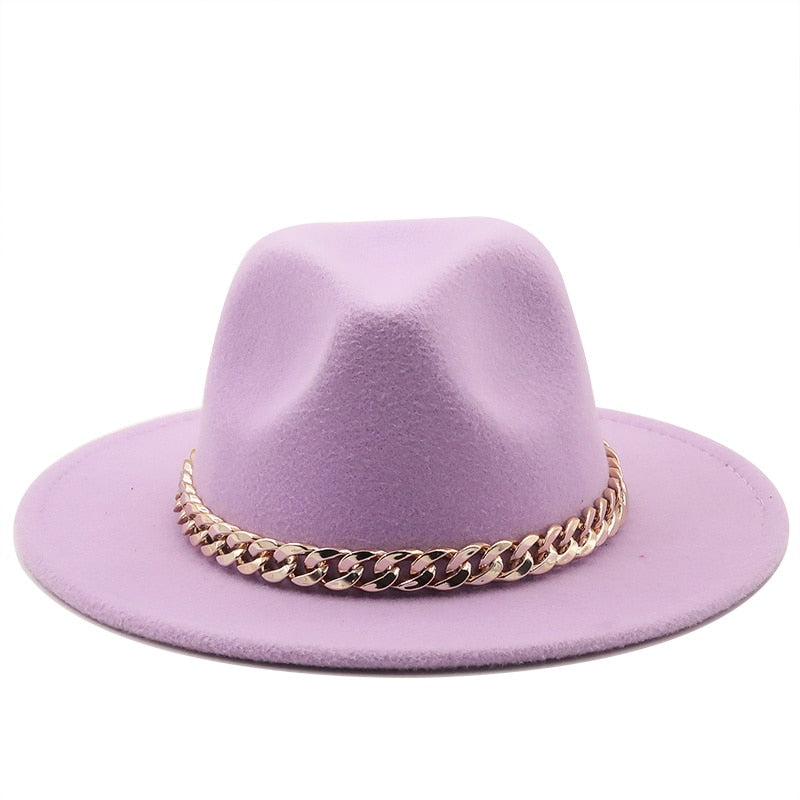 Simole fedora hüte frauen männer breite krempe Dicken gold kette band gefilzt hüte jazz kappe winter herbst panama kamel weiß frauen hüte