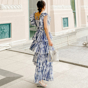 Leisurely Vacation Bohemia Dress 2022 Summer Sexy V-Neck Sleeveless Decoration Ruffled Cascading Loose Hem Women&#39;s Dresses