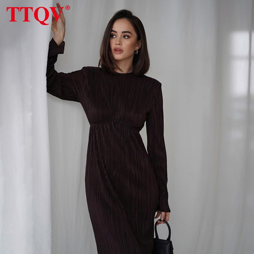 TTQV Winter O-Neck Green Women&#39;S Dress Elegant Long Sleeve Bodycon Midi Dresses Female Casual Pleated Dress For New Year 2022