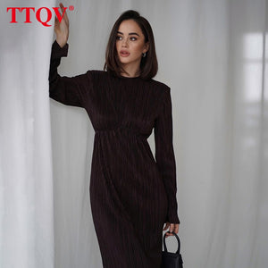 TTQV Winter O-Neck Green Women&#39;S Dress Elegant Long Sleeve Bodycon Midi Dresses Female Casual Pleated Dress For New Year 2022