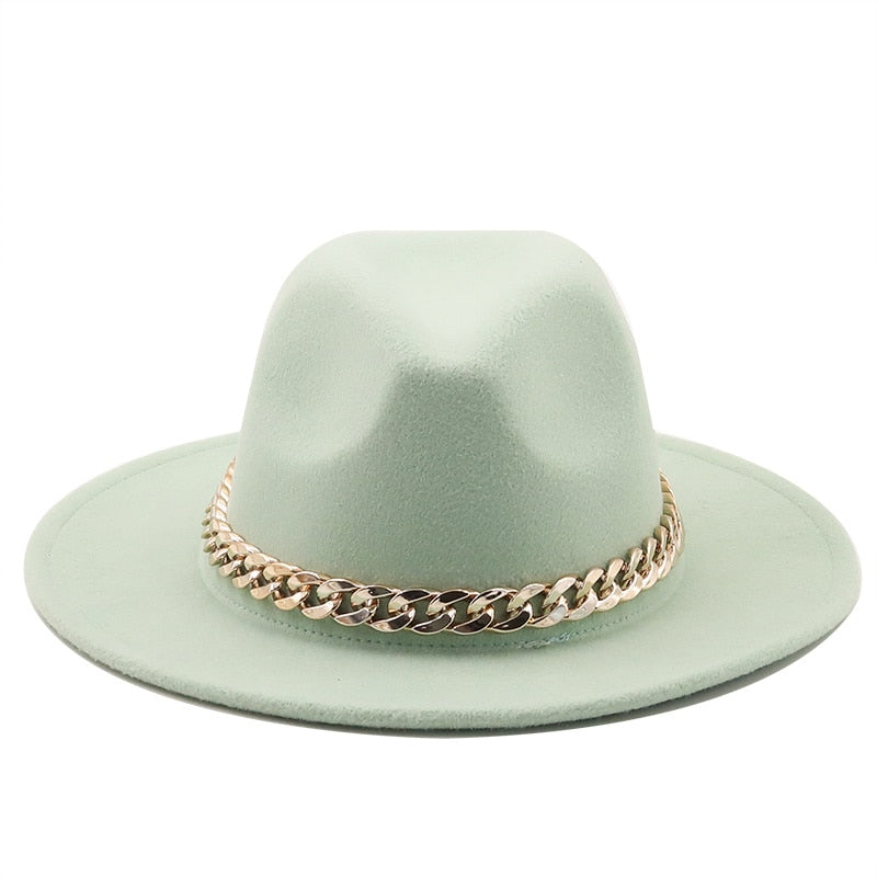 Simole fedora hüte frauen männer breite krempe Dicken gold kette band gefilzt hüte jazz kappe winter herbst panama kamel weiß frauen hüte