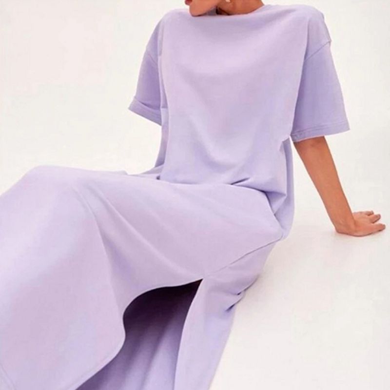 Casual 94% Cotton Summer Women&#39;s Dresses Solid Short Sleeve Spilt Long Midi Dress Fashion Sundress Female Clothing