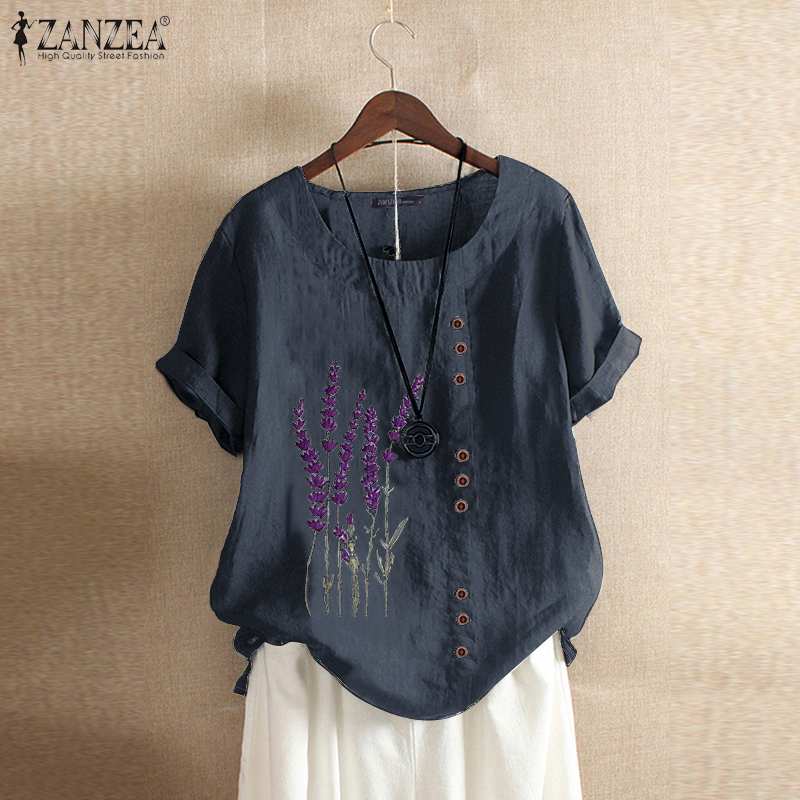 Summer Embroidery Tops Kaftan Women's Blouse 2023 ZANZEA Short Sleeve Tee Shirts Female O Neck Blusas  Casual Tunic