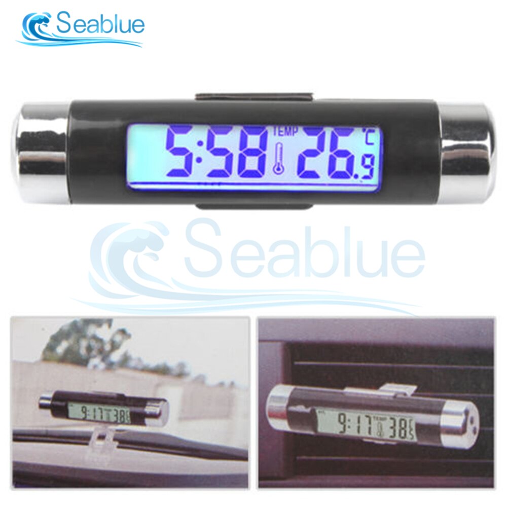 2 in 1 Car Auto Thermometer Clock Calendar LCD Digital Display Screen Clip-on Digital Blue Back Light Automotive Accessories