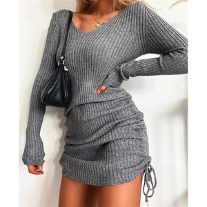 Women&#39;s Dress Knitted Drawstring Sexy Mini Dress Autumn Winter Elegant Fashion V-Neck Long Sleeve Bodycon Party Dresses Female